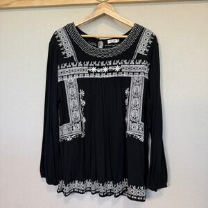 Women's Tasha Polizzi Black Blouse with White Embroidery Size XL